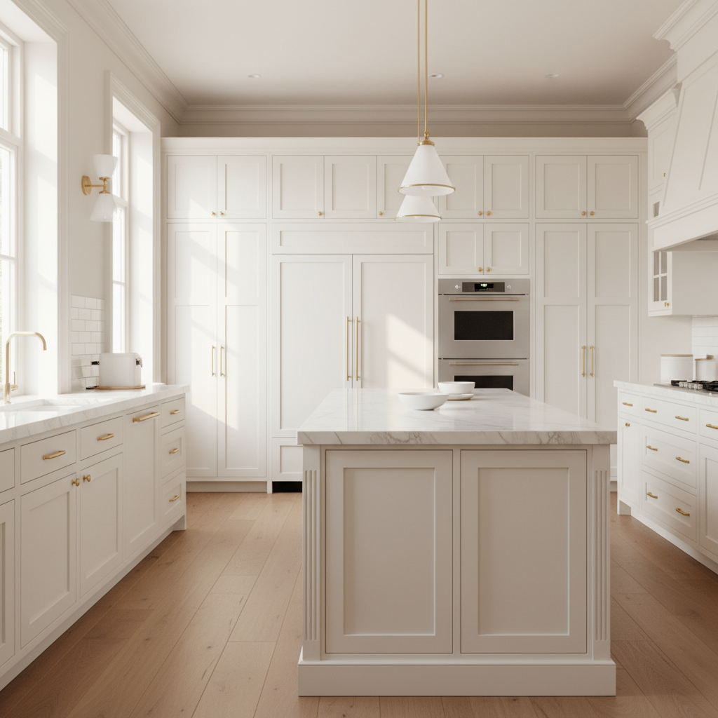 Upscale kitchen interior with integrated refrigerator and wall oven