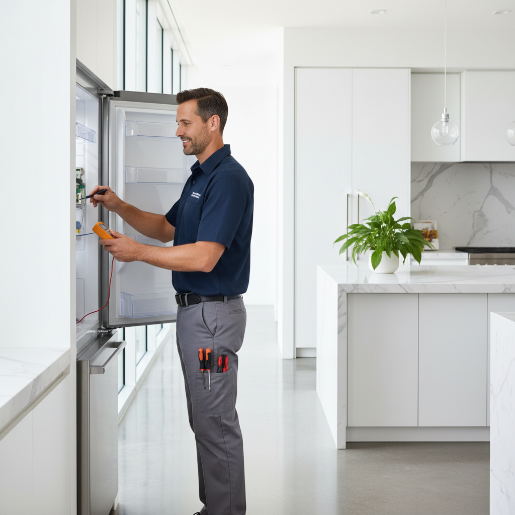 Professional appliance repair technician inspecting a built-in refrigerator